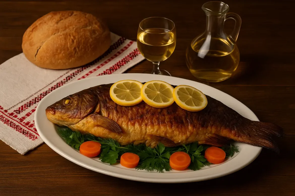 Crap umplut traditional romanesc pe platou, servit cu lamaie, paine taraneasca si vin alb